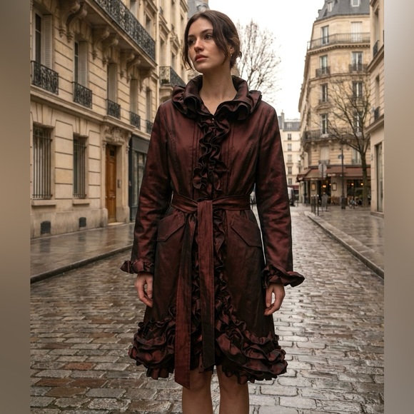 Dons Collection Ruffled Tafta Iridescent Burgundy Dress Jacket Victorian Regency - Picture 1 of 14